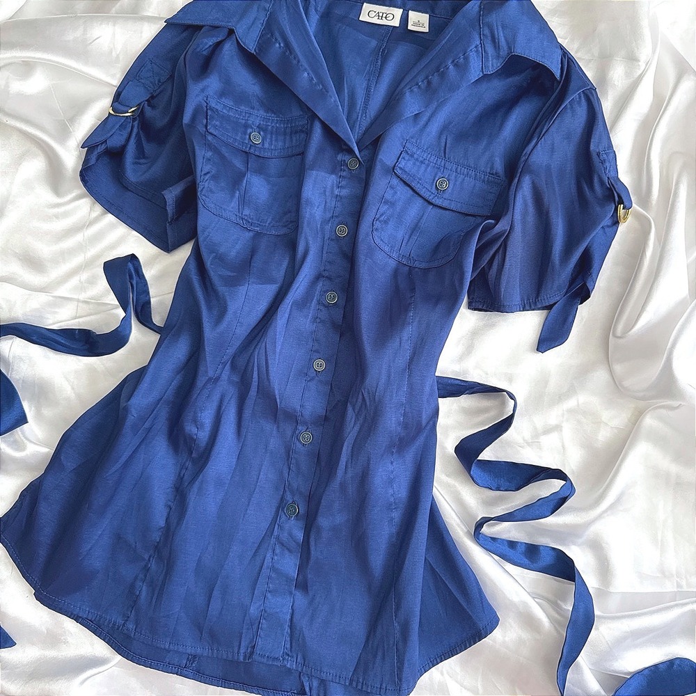 Cato Royal Blue Satin Button Down Short Sleeve Utility Blouse with Belt Size S